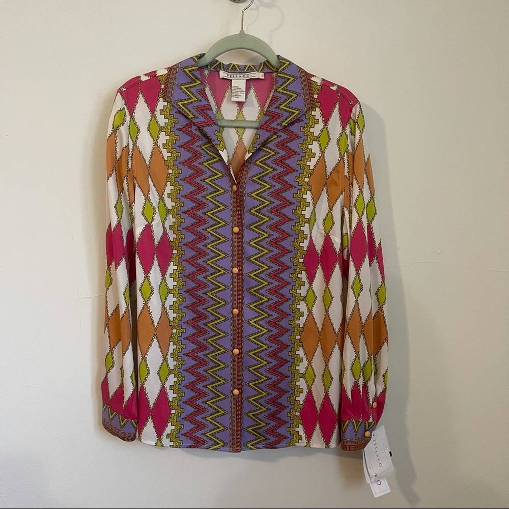 NWT Pell & Co. Silk Blend Multicolor Diamond Pattern Buttondown Blouse